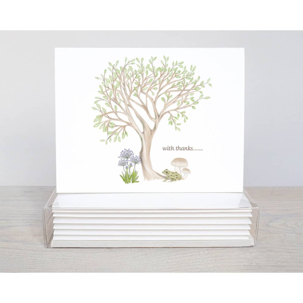the nature inspired thank you note cards feature a Tree, frog, mushroom and purple flowers and the word, with thanks