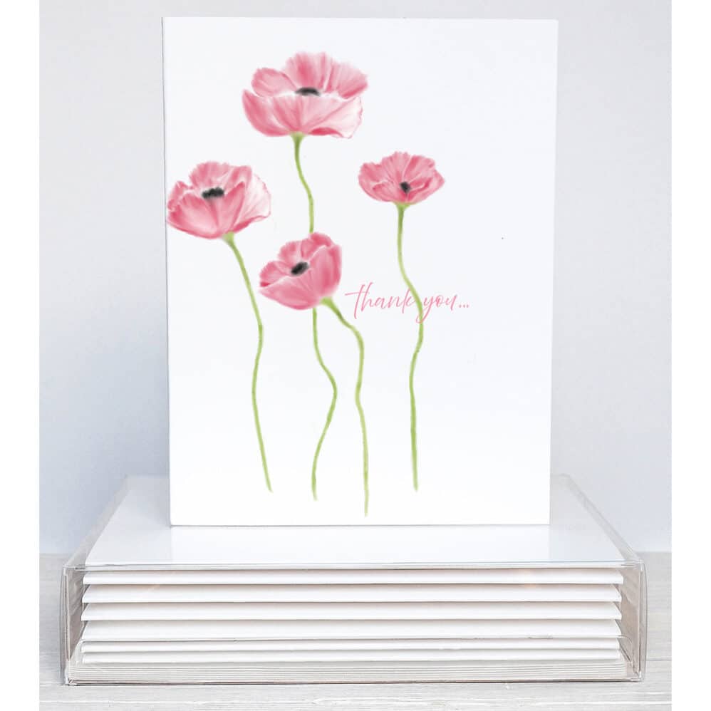 4 stems of rosy red poppies on a thank you note card